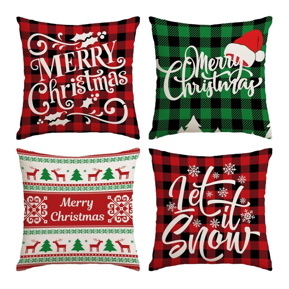 9873 Christmas Pillow Covers 12x12 Set of 4 Red Green Xmas Decorative Throw - Picture 1 of 8